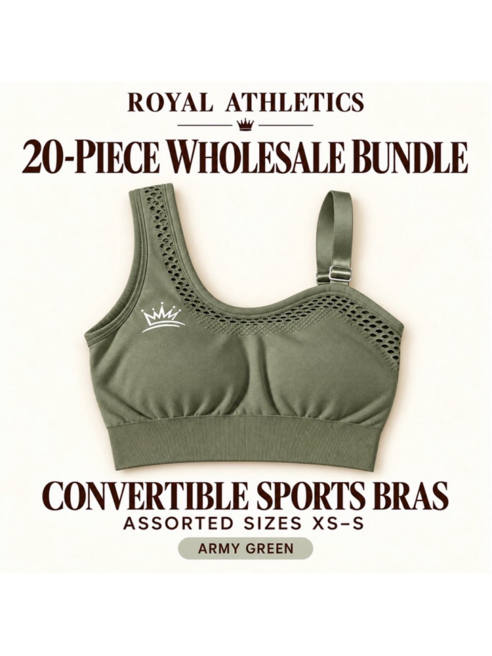Royal Athletics Sports Bras Lot of 20 Wholesale, XS-S. Army Green. NEW!